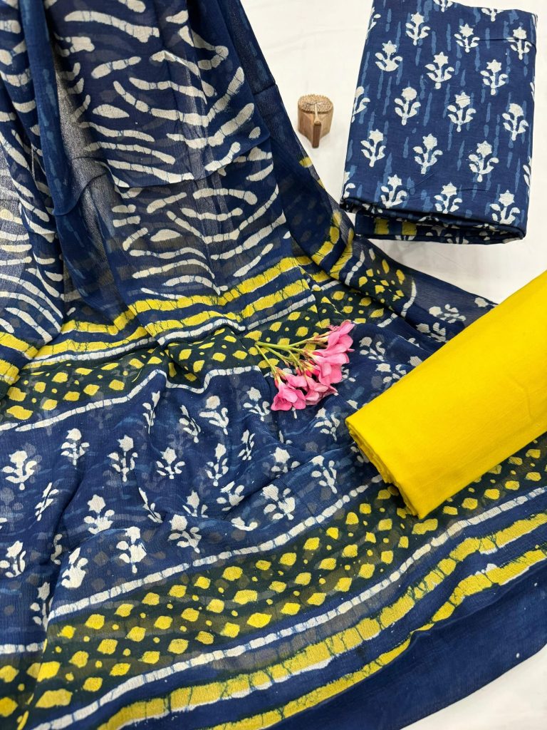 Navy and Yellow Block Print Cotton Suit with Contrast Dupatta