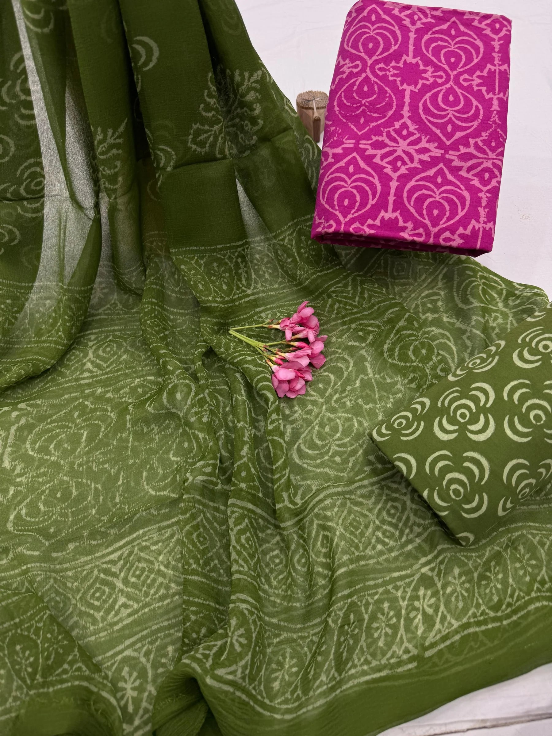 Olive Cotton Suit with Jaipur Hand Block Print & Contrasting Dupatta