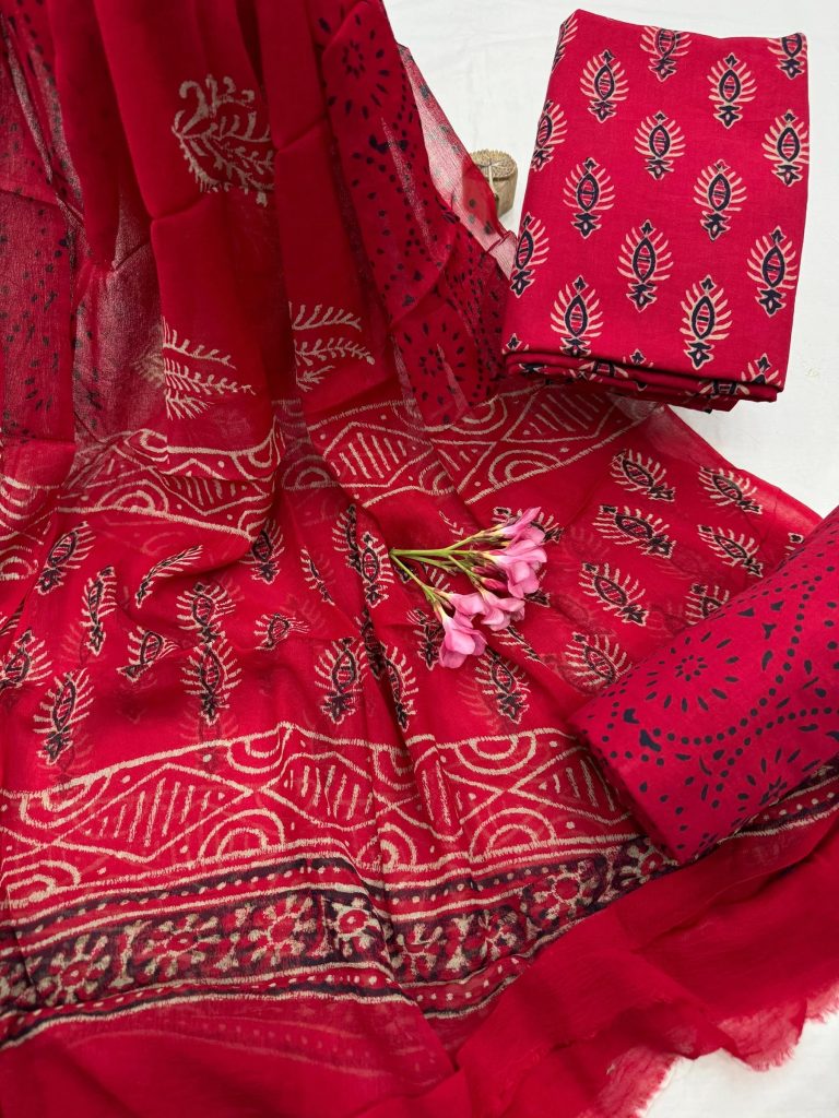 Red Hand Block Print Summer Cotton Suit with Delicate Chiffon Dupatta