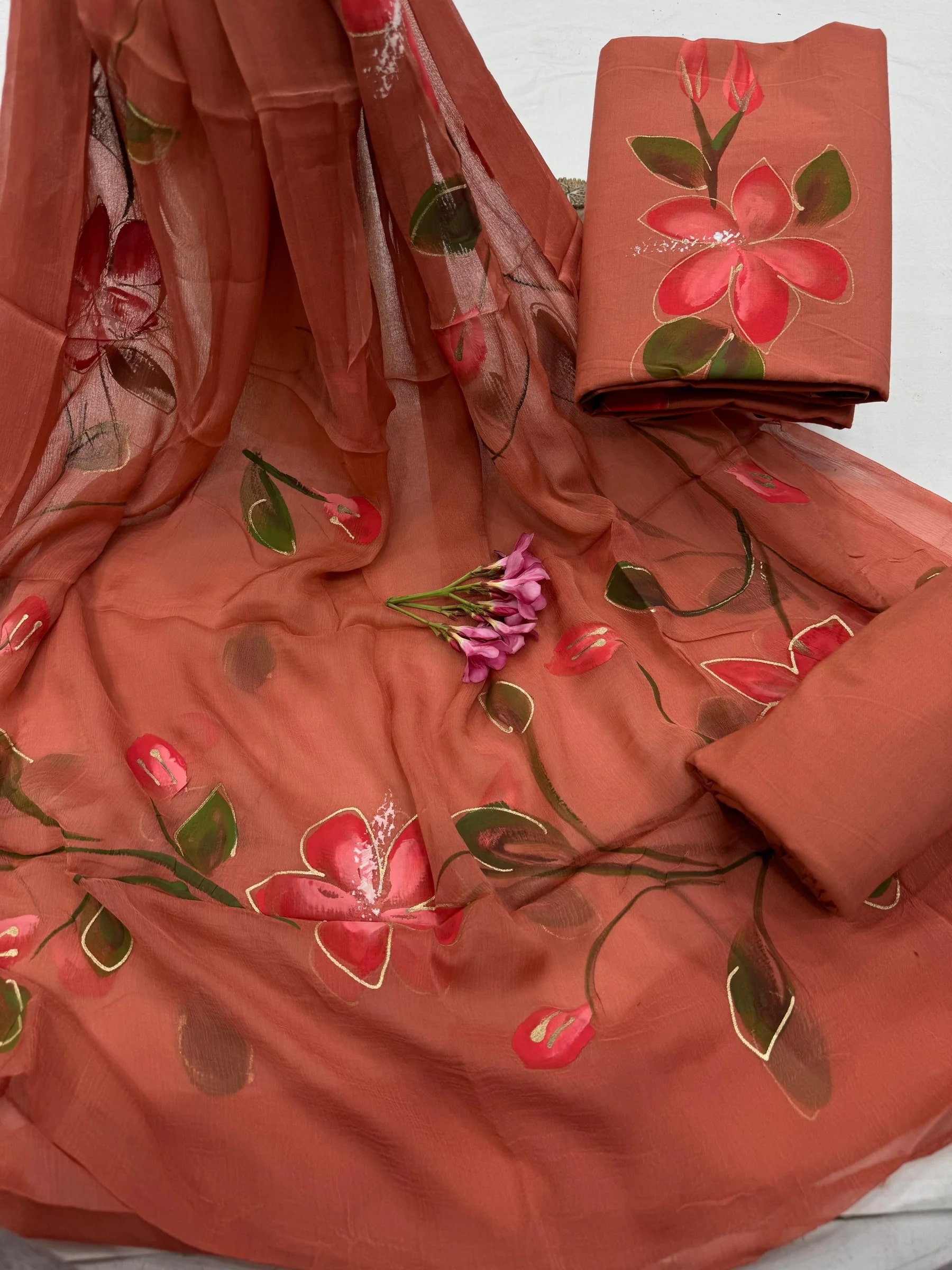 Salmon Pink Cotton Suit with Hand Brush Painted Chiffon Dupatta