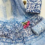 Sky Blue Floral Cotton Suit with White Chiffon Dupatta