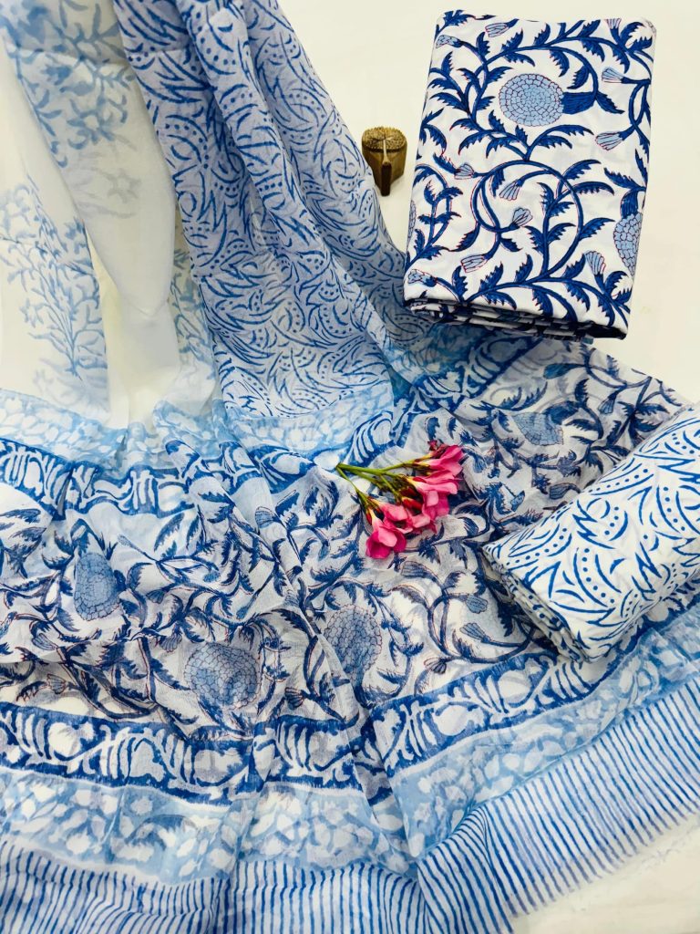 Sky Blue Floral Cotton Suit with White Chiffon Dupatta