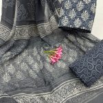 Slate Grey Hand Block Print Cotton Suit with Artistic Chiffon Dupatta