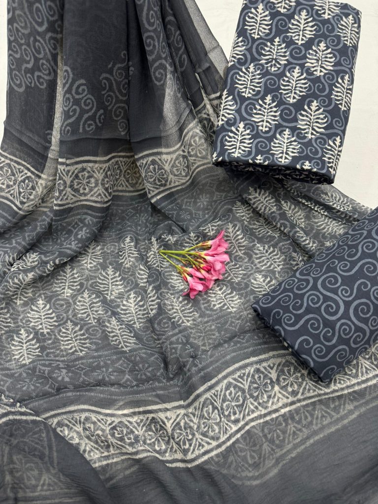 Slate Grey Hand Block Print Cotton Suit with Artistic Chiffon Dupatta